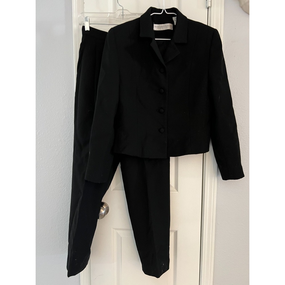 Valerie Stevens Blazer Pant Suit Set Women's Petite 8P & 4P Black Pure Wool VTG